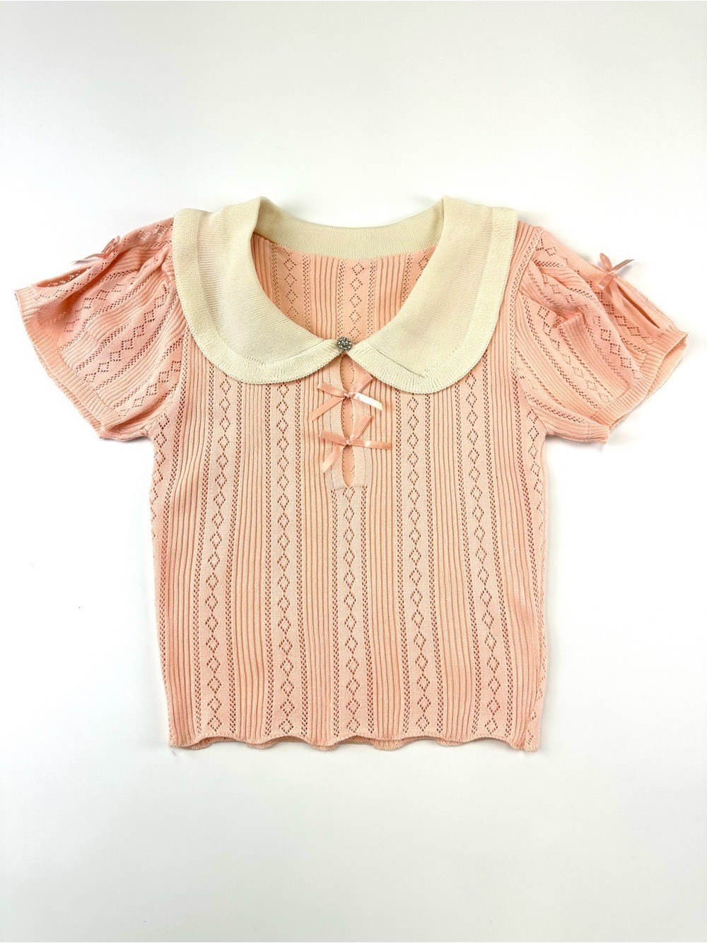 Coquette Peach Pointelle Knit Top Peter Pan Collar Bow Y2K Style Small Twee